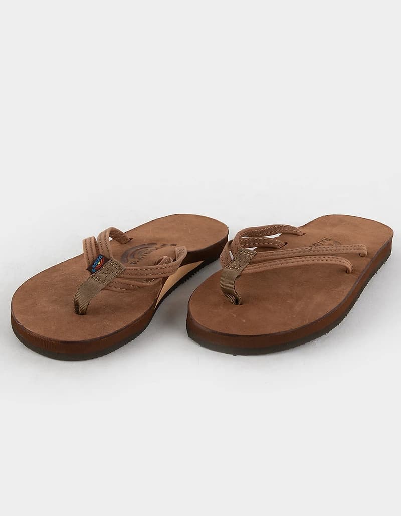 RAINBOW Luxury Leather Narrow Strap Womens Flip Flops - BROWN