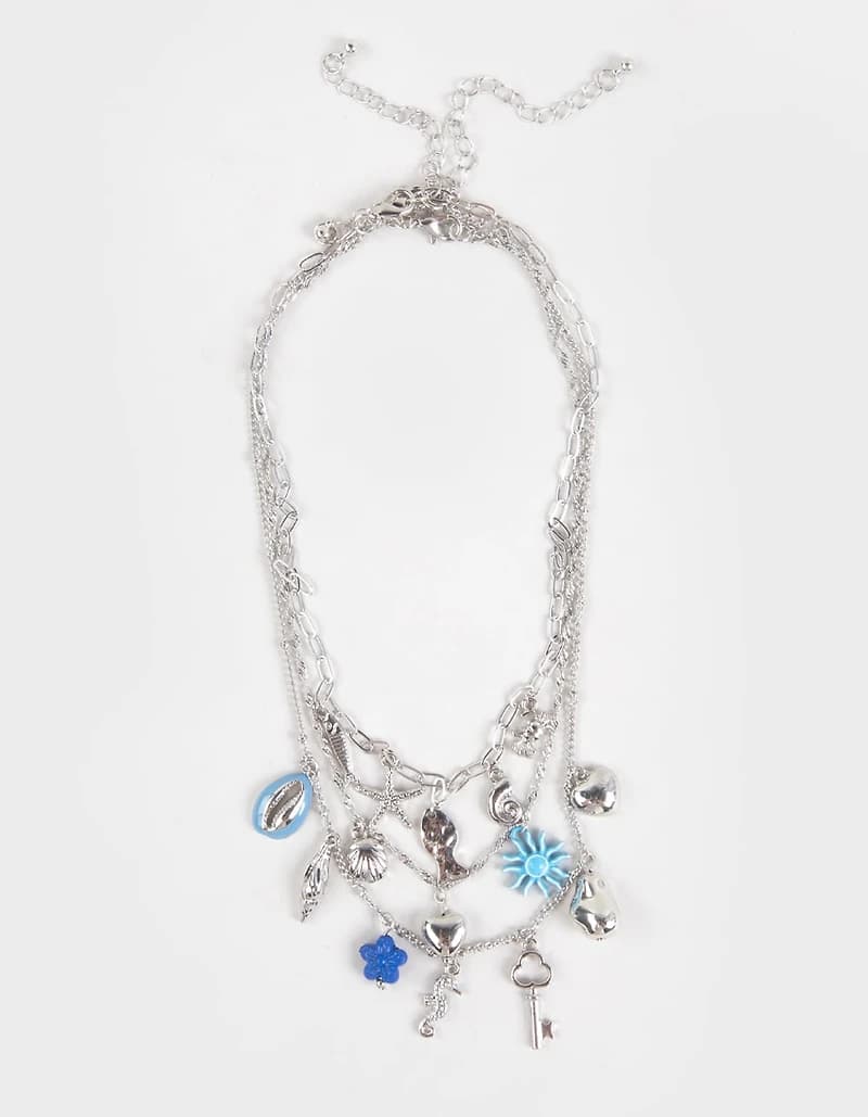 FULL TILT Layered Shell/Flower Multi Charm Necklace - SILVER