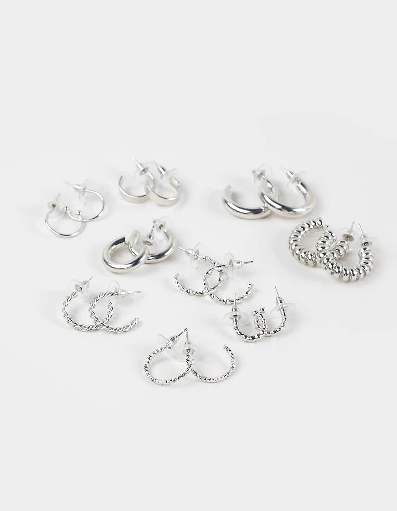 FULL TILT 9 Pack Textured Hoop Earrings - SILVER