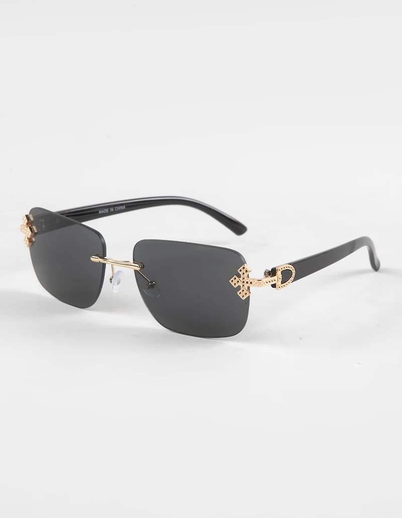 RSQ Square Cross Detail Rimless Sunglasses - BLACK