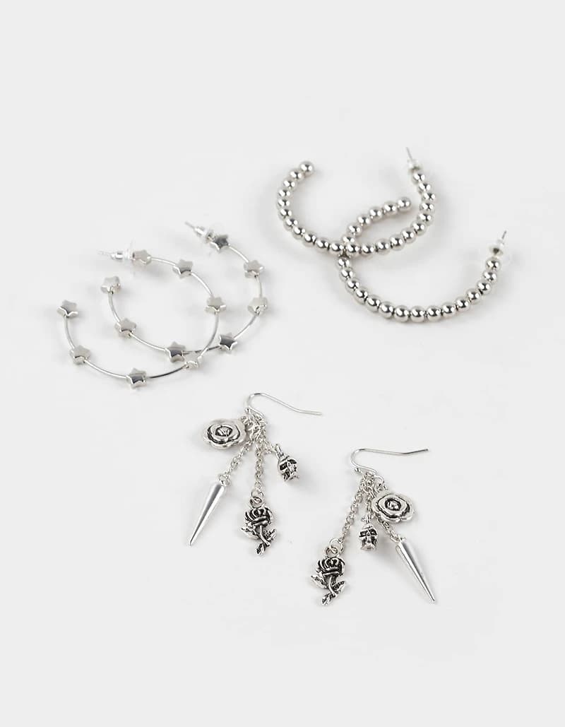 FULL TILT 3 Pack Star/Spike/Rose Hoop Earrings - SILVER