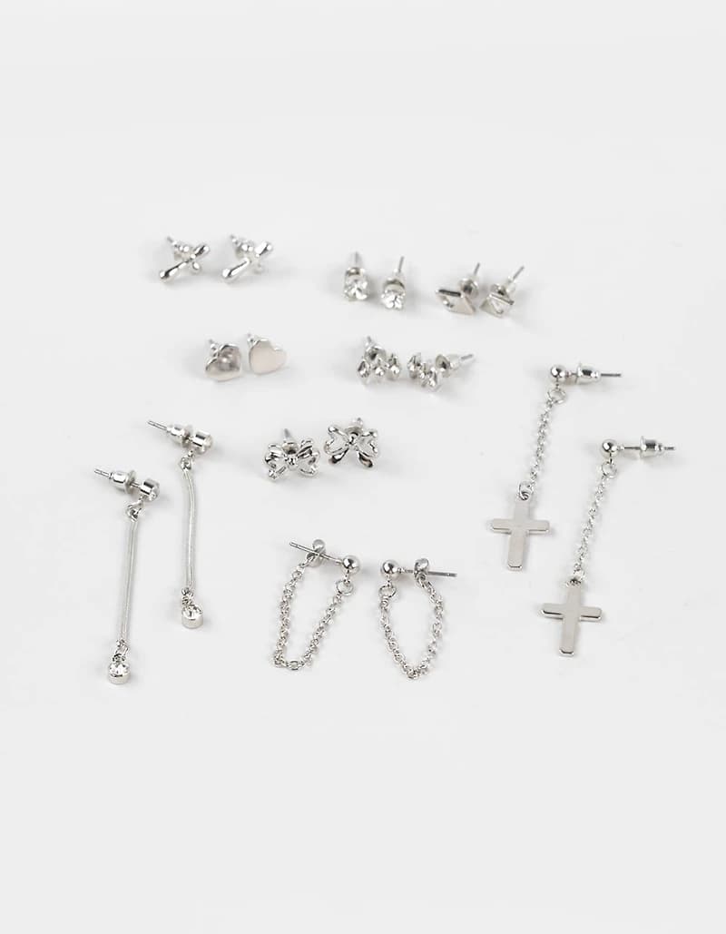 FULL TILT 9 Pack Dainty Stud Dangle Earrings - SILVER