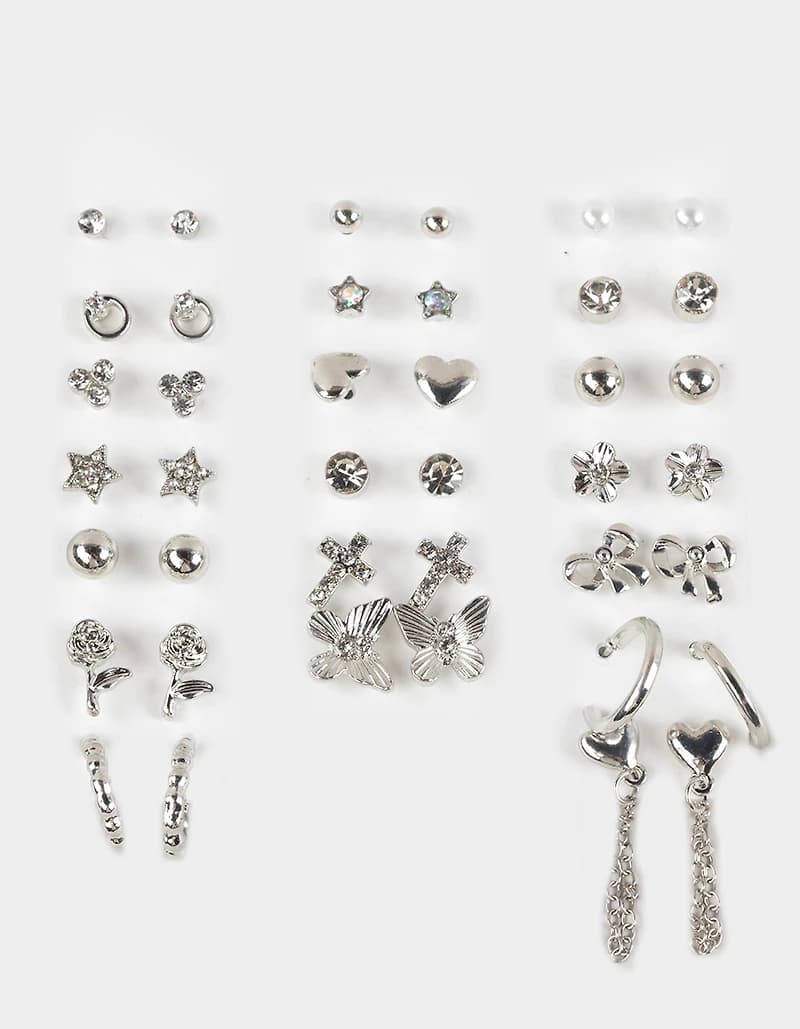 FULL TILT 20 Pack Cross/Butterfly/Floral Earrings - SILVER